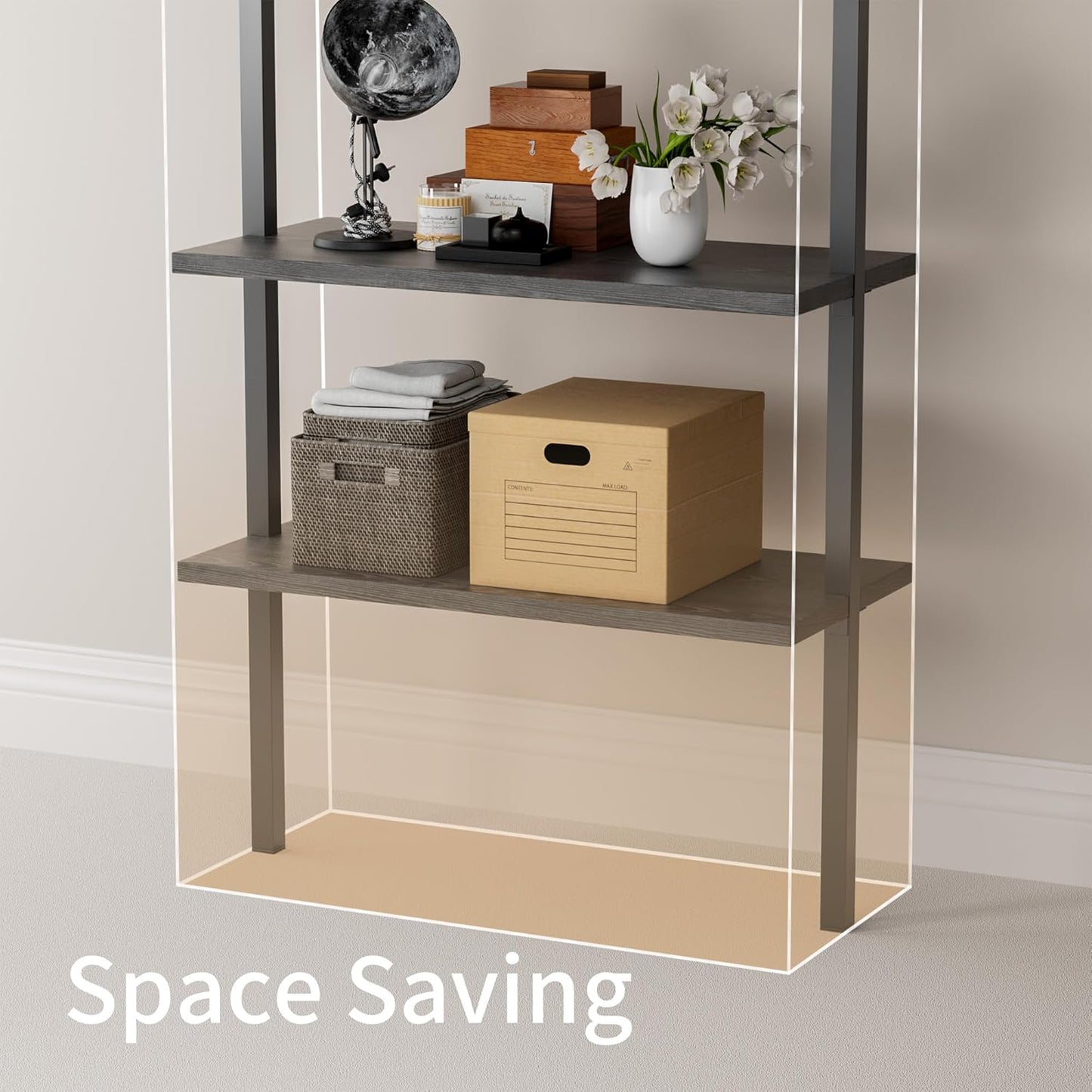 5-Tier Bookshelf Wall Mount Ladder Bookcase Industrial Standing Corner Bookshelf with Wood Board and Metal Frame, Modern Tall Narrow Storage Organizer for Home Office (Black, 1 Piece)