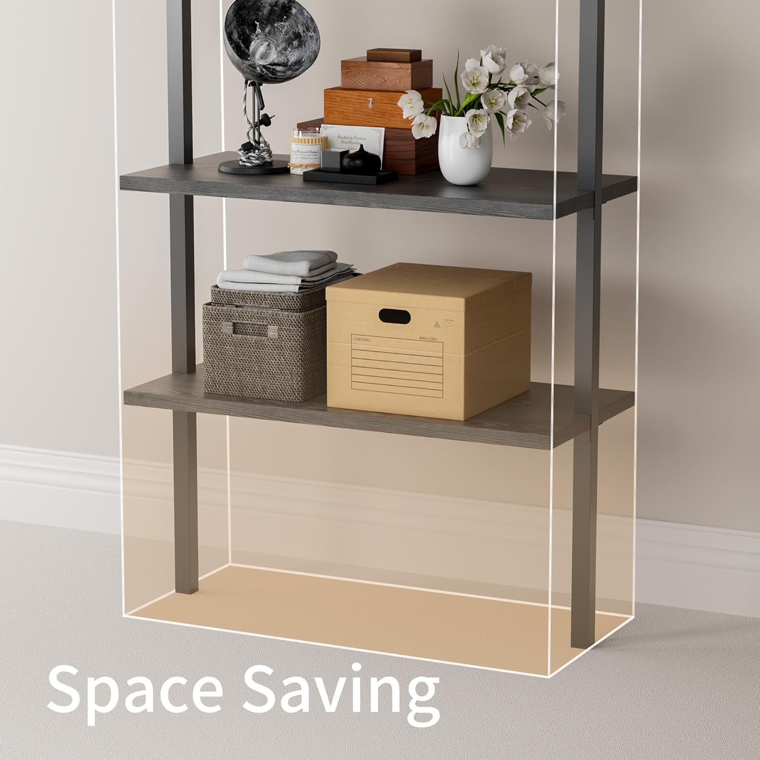 5-Tier Bookshelf Wall Mount Ladder Bookcase Industrial Standing Corner Bookshelf with Wood Board and Metal Frame, Modern Tall Narrow Storage Organizer for Home Office (Black, 1 Piece)