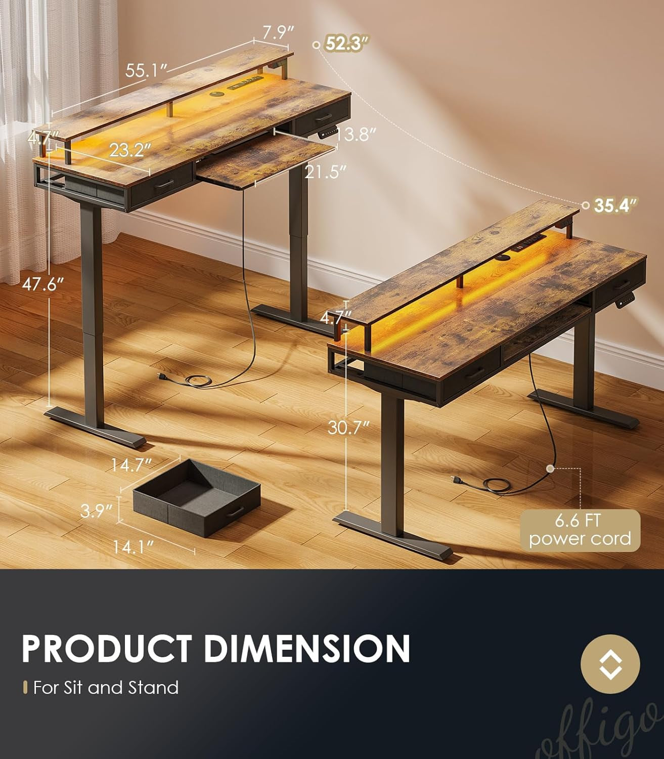 Electric Standing Desk with Drawers & Keyboard Tray, 63 Inch Height Adjustable Desk with Power Outlets & LED Lights, Sit Stand Table with Monitor Stand for Home, Office, Rustic Brown