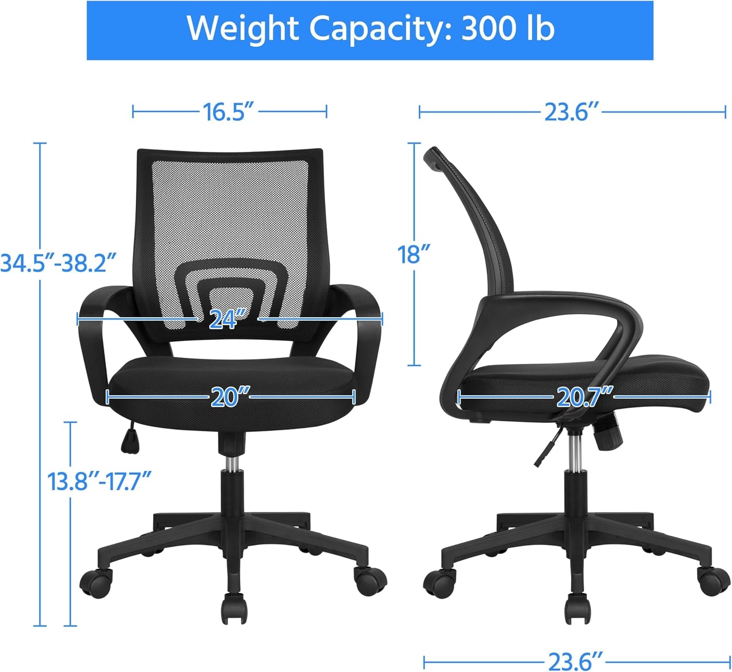 Mid-Back Mesh Office Chair Adjustable Ergonomic Computer Task Chair Swivel Rolling with Lumbar Support Armrest for Home Office Work Study, Black