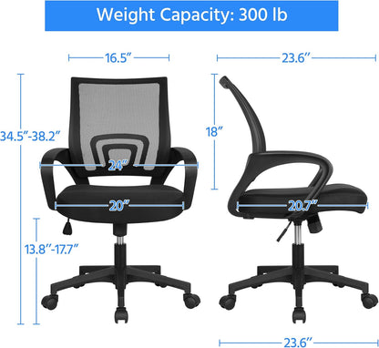 Mid-Back Mesh Office Chair Adjustable Ergonomic Computer Task Chair Swivel Rolling with Lumbar Support Armrest for Home Office Work Study, Black