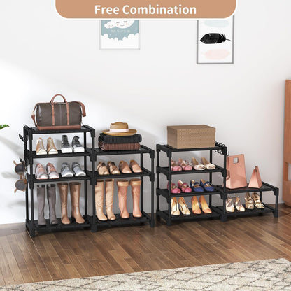 Shoe Rack Organizer, 8-Tier Metal Shoe Rack for Closet Entryway Garage, 26-32 Pairs Tall Shoe Boot Storage Shelf with 15 Hooks, Stackable Large Shoe Stand