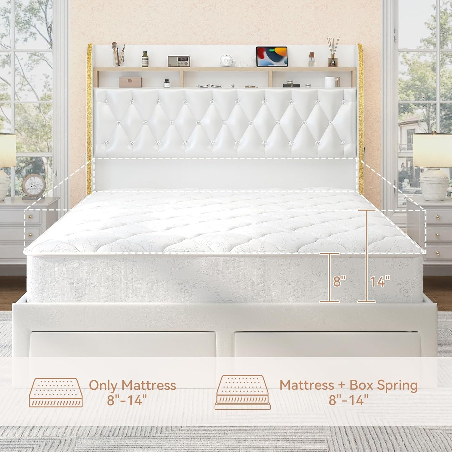 Queen LED Bed Frame with 2 Drawers, 53" Tall Platform Beds with Galaxy Star Projector Charging Station, PU Upholstered Diamond Tufted Aurora Bedframe with Storage Headboard, White