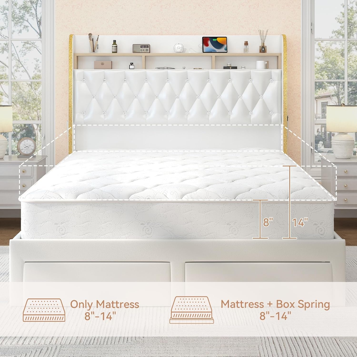 Queen LED Bed Frame with 2 Drawers, 53" Tall Platform Beds with Galaxy Star Projector Charging Station, PU Upholstered Diamond Tufted Aurora Bedframe with Storage Headboard, White