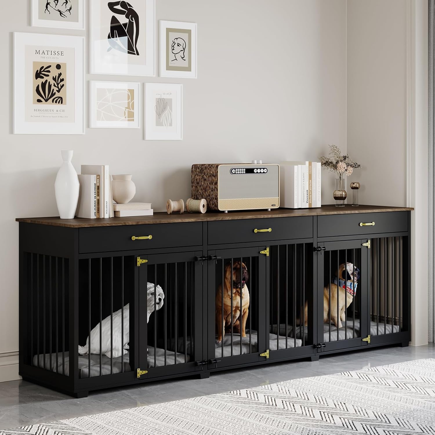 Dog Crate Furniture - Indoor Wooden Dog Kennel Crate with 2 Dividers, 3 Drawers, and 3 Lockable Doors, 95"X23.6"X31.5"H, Black