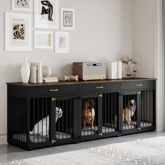 Dog Crate Furniture - Indoor Wooden Dog Kennel Crate with 2 Dividers, 3 Drawers, and 3 Lockable Doors, 95"X23.6"X31.5"H, Black