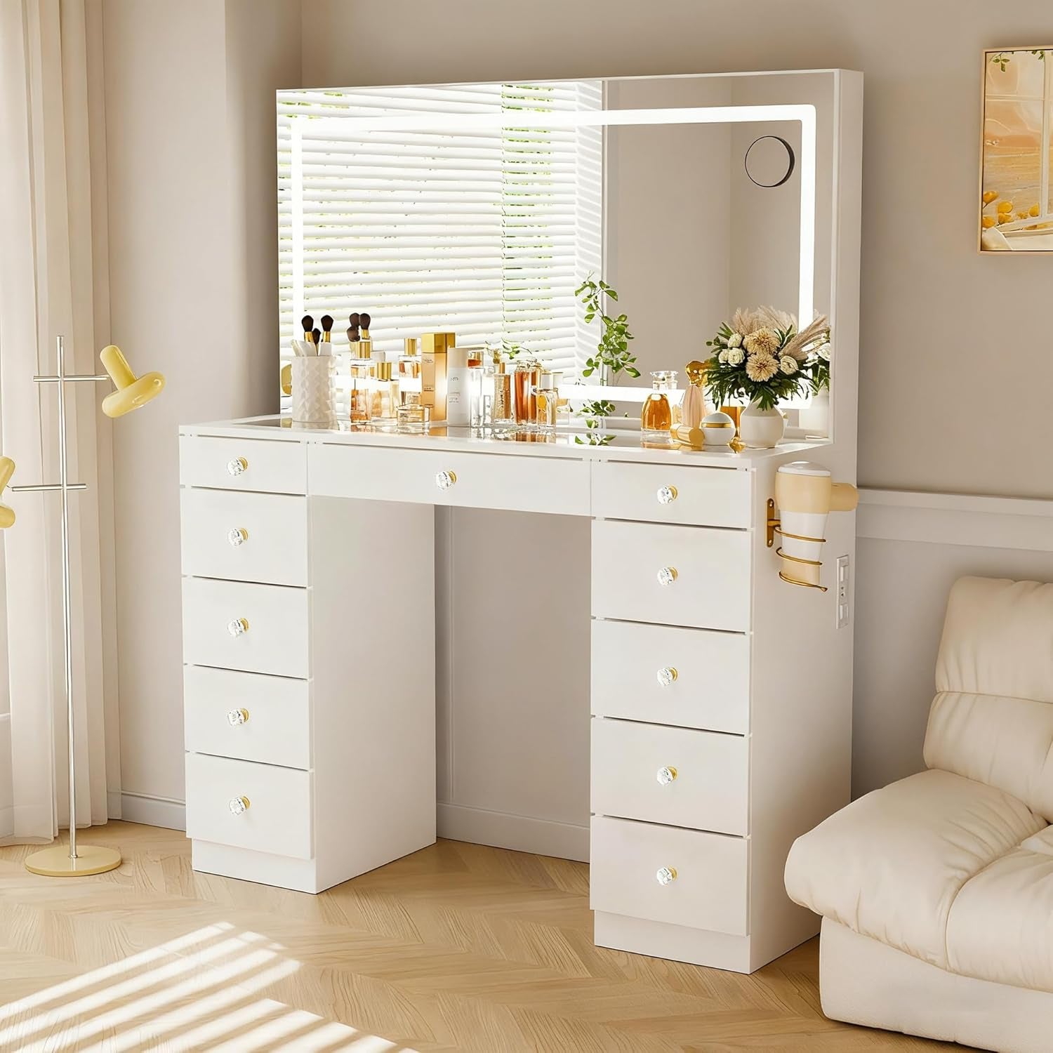 Glass Top Vanity Desk with Crystal Handles and 11 Drawers, Makeup Vanity with Mirror and Lights, 3 Lighting Modes Dressing Table, Power Outlet, Silent Slides, White