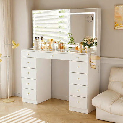 Glass Top Vanity Desk with Crystal Handles and 11 Drawers, Makeup Vanity with Mirror and Lights, 3 Lighting Modes Dressing Table, Power Outlet, Silent Slides, White