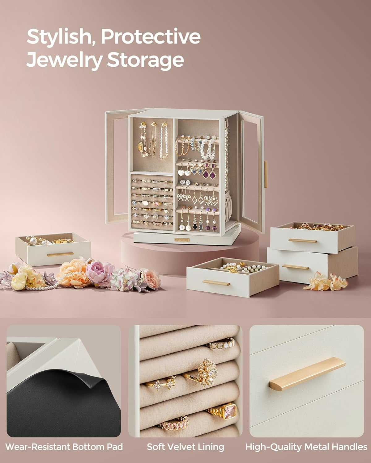 Jewelry Box 360° Rotating, Jewelry Storage Case with 5 Drawers, Jewelry Organizer, Glass Window, Spacious, Vertical Jewelry Storage, Open Design, Great Gift, Cloud White UJBC170W01