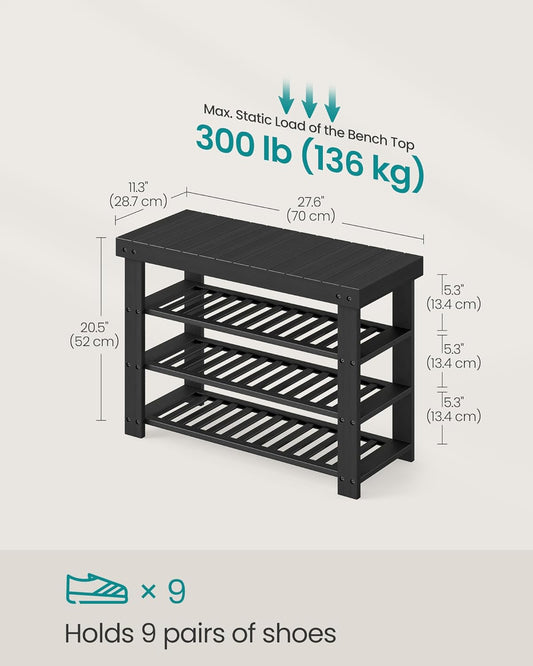 Shoe Rack Bench, 4 Tier Bamboo Shoe Storage Organizer, Entryway Bench, for Living Room, Bathroom, Bedroom, 11.3 X 27.6 X 20.5 Inches, Ink Black ULBS370BH01