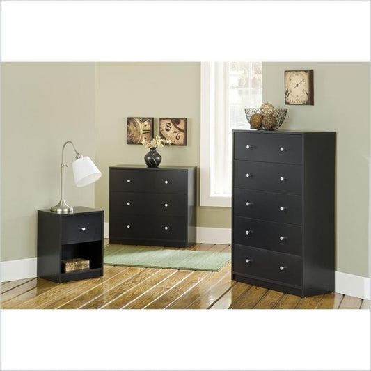 4-Pc Scandinavian Design Bedroom Furniture Set with 3-Drawer Chest, 6-Drawer Double Dresser & Two 1-Drawer Nightstands, Plastic Pewter Handles and Smooth Glides, in Black