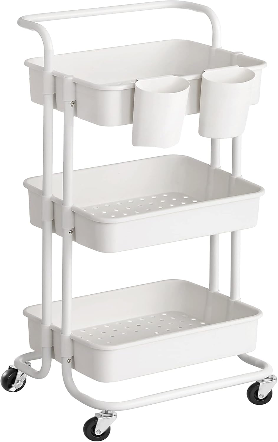 Rolling Cart, 3-Tier Storage Cart, Storage Trolley with Handle 2 Small Organizers, Steel Frame, Plastic Baskets, Utility Cart, Easy Assembly, for Bathroom Laundry Room, White UBSC067W01