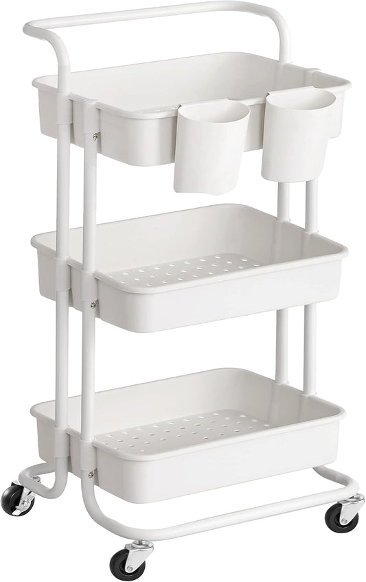 Rolling Cart, 3-Tier Storage Cart, Storage Trolley with Handle 2 Small Organizers, Steel Frame, Plastic Baskets, Utility Cart, Easy Assembly, for Bathroom Laundry Room, White UBSC067W01