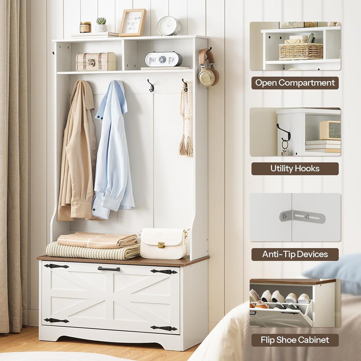 Hall Tree with Bench, Entryway Bench with Coat Rack and Shoe Cabinet, Flip Drawers, Farmhouse Hall Tree with Shoe Organizer, Mud Room, White and Walnut WH85MT01