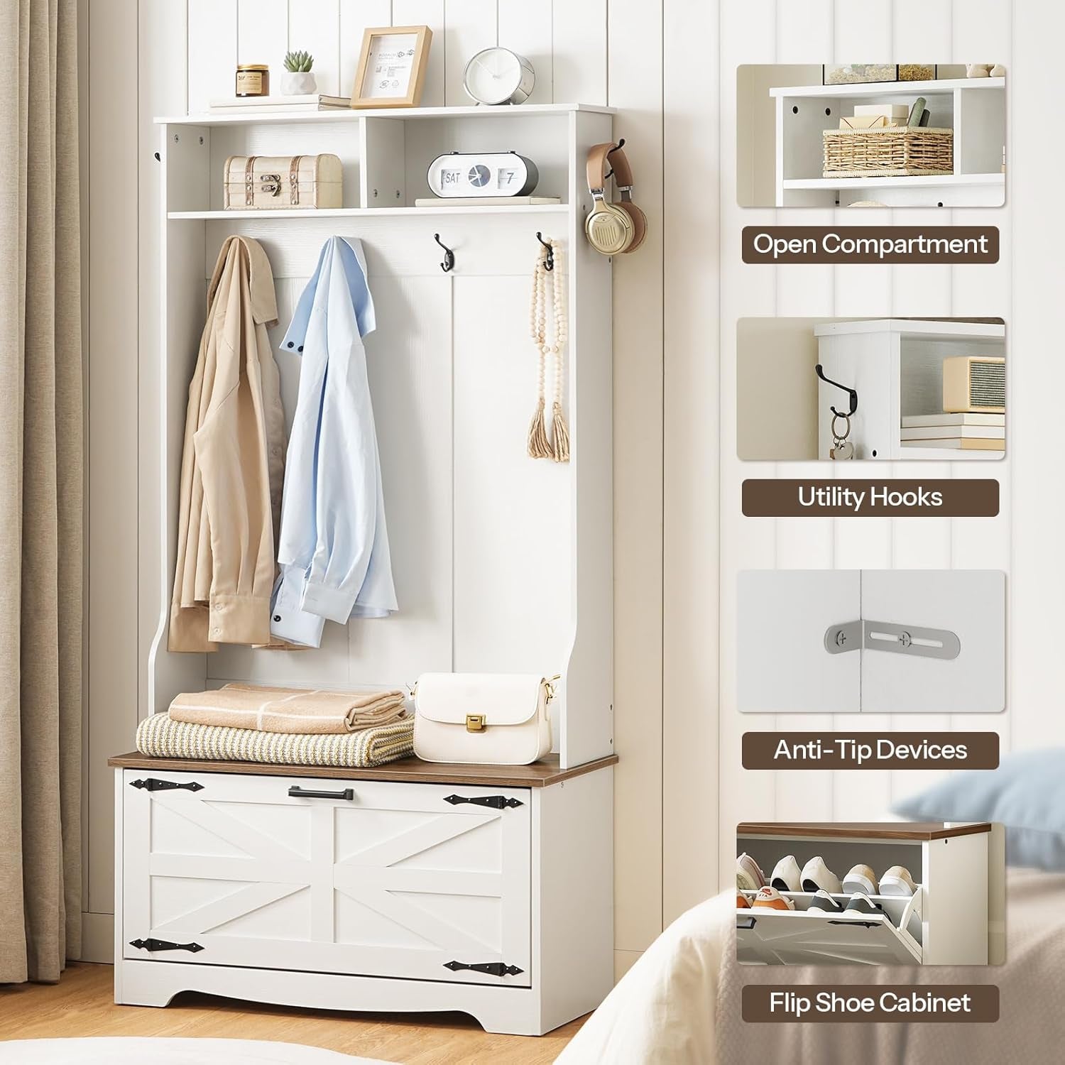 Hall Tree with Bench, Entryway Bench with Coat Rack and Shoe Cabinet, Flip Drawers, Farmhouse Hall Tree with Shoe Organizer, Mud Room, White and Walnut WH85MT01