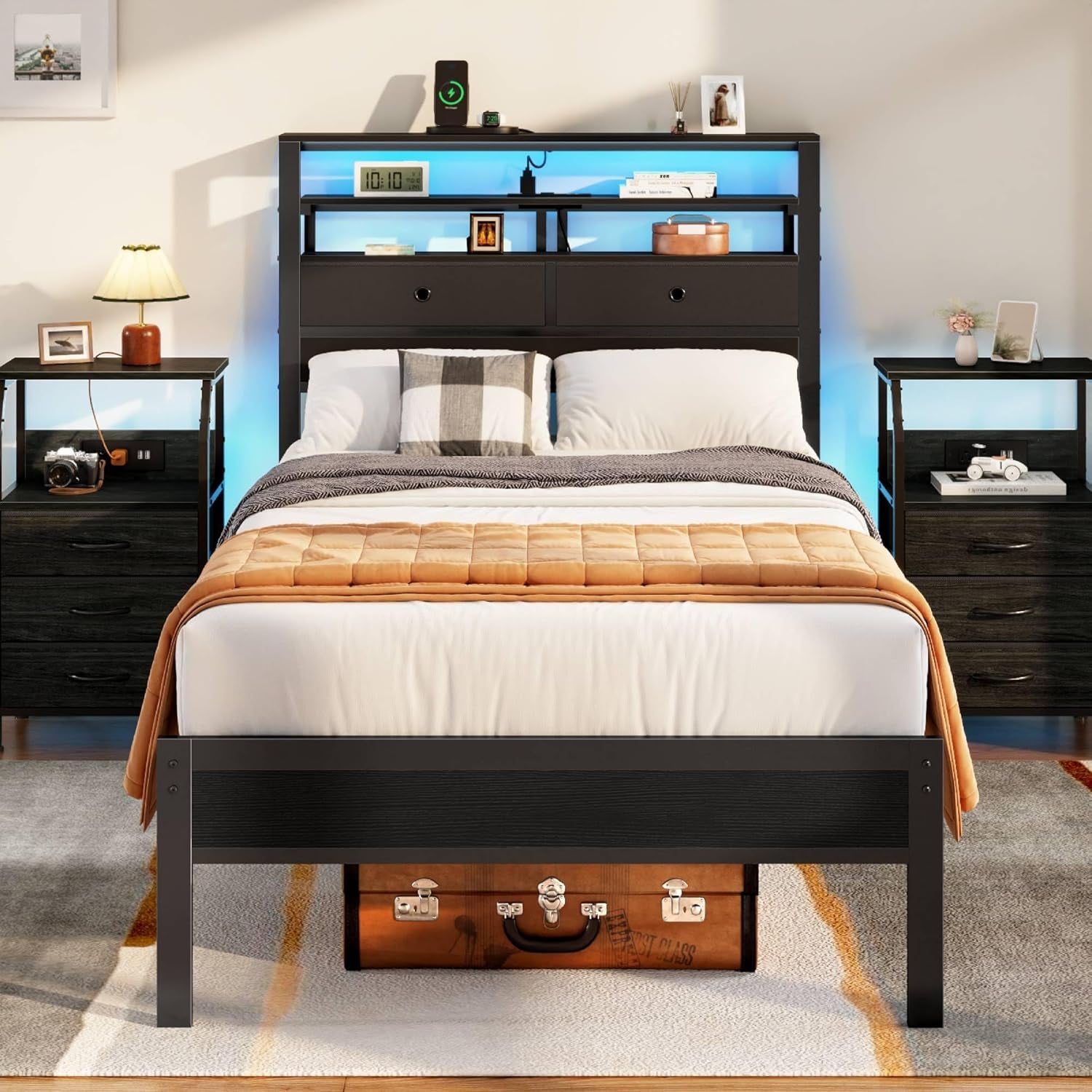Twin Bed Frames with Charging Station and LED Lights, Wood Headboard with 2 Fabric Drawers and Storage Shelves, Twin Size Platform Bed with Metal Slats, No Box Spring Needed, Black Oak