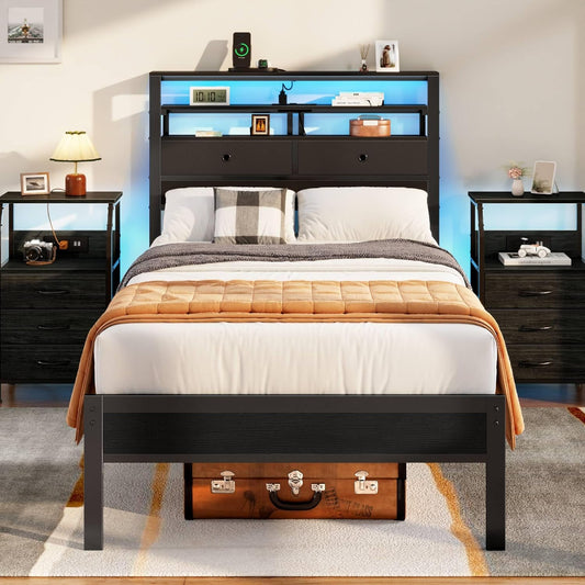 Twin Bed Frames with Charging Station and LED Lights, Wood Headboard with 2 Fabric Drawers and Storage Shelves, Twin Size Platform Bed with Metal Slats, No Box Spring Needed, Black Oak