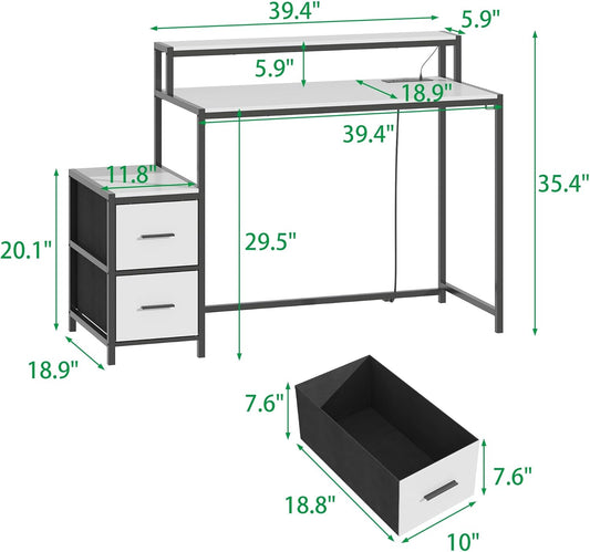 50 Inch Gaming Desk with LED Lights and Power Outlets, White Compact Computer Office Desk with Storage Shelves,Monitor Stand & Side Hook, Storage Drawers of Computer Table for Bedroom