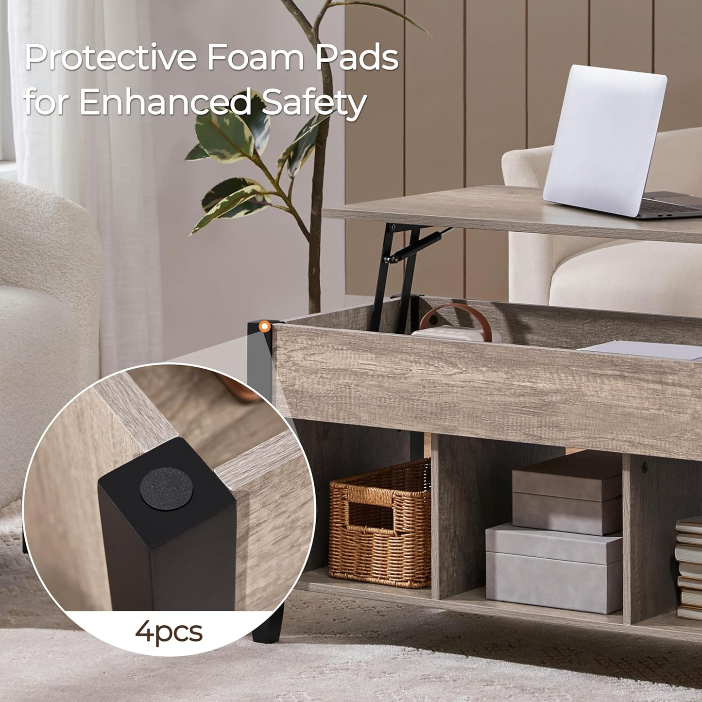 Gray Coffee Table, Lift Top Coffee Table with Hidden Compartment & Shelf, Lift up Dining Table for Living Room Reception, Retro Central Table with Wooden Lift Tabletop, 41 Inch L