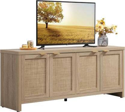 TV Stand for Living Room Boho Entertainment Center for Bedroom with 4 Rattan Cabinets Farmhouse Television Stands with Storage Large Media Console Table for Tvs up to 45 50 55 60 65 Inch