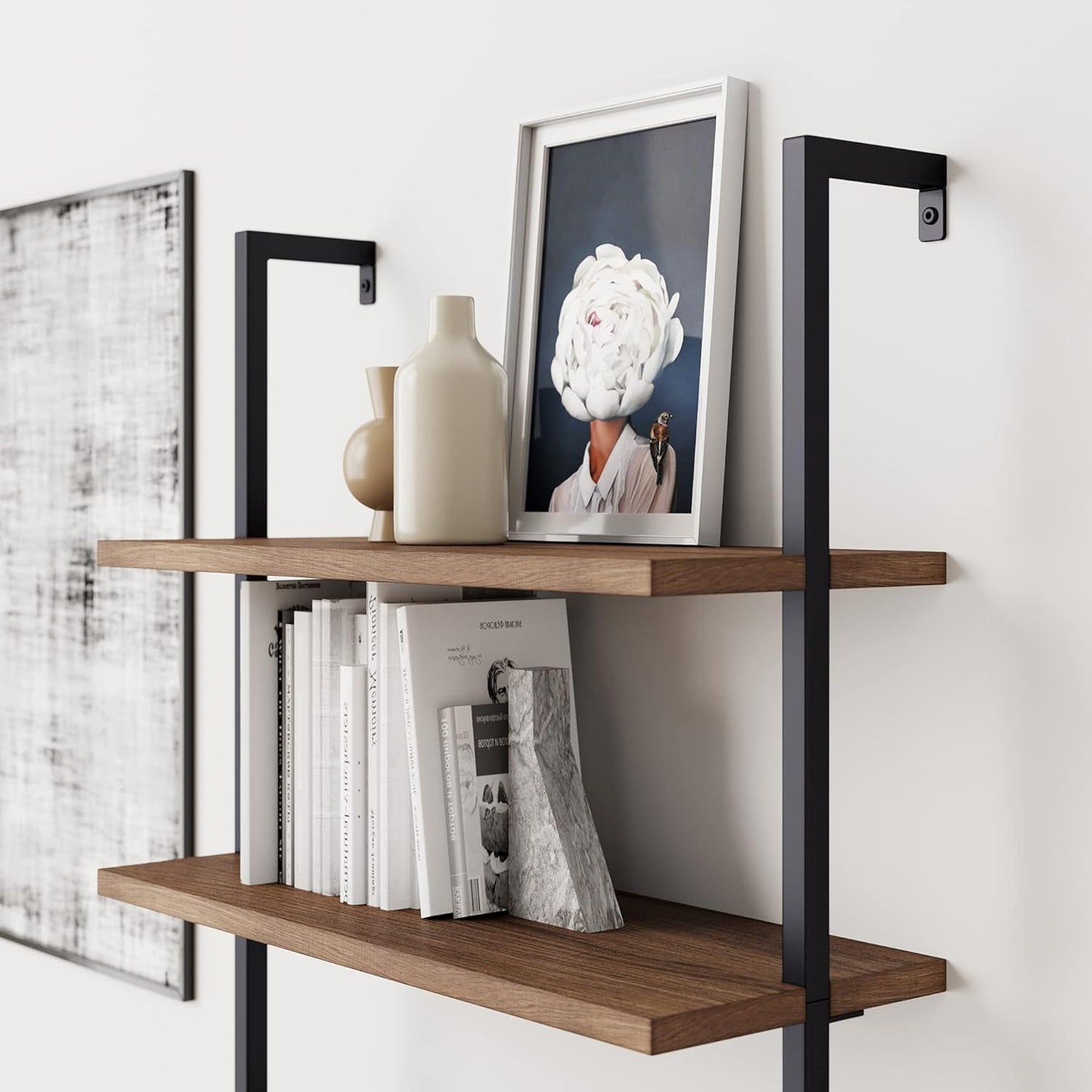 Theo 6-Shelf Tall Bookcase, Wall Mount Bookshelf with Reclaimed Wood and Industrial Metal Frame, Oak/Black