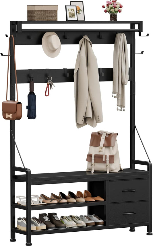 Hall Tree with Bench and Shoe Storage, 39.4” Entryway Bench with Coat Rack Freestanding, 5 in 1 Entryway Furniture Organizer Large Coat and Shoe Rack with 21 Hooks and Drawers, Black