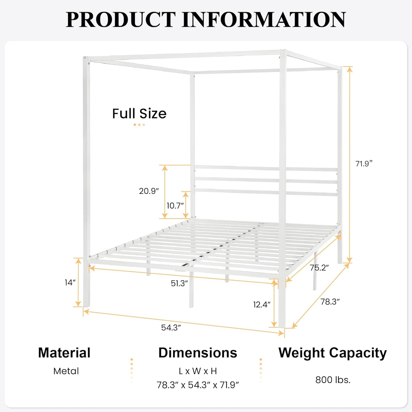 Canopy Bed Frame Full Size/Mattress Foundation with Metal Slats Support/No Box Spring Needed/Easy Assembly/White