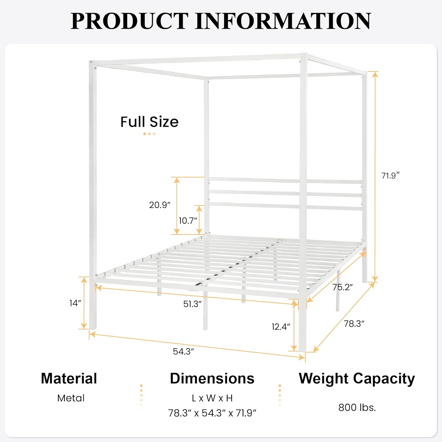 Canopy Bed Frame Full Size/Mattress Foundation with Metal Slats Support/No Box Spring Needed/Easy Assembly/White