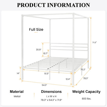 Canopy Bed Frame Full Size/Mattress Foundation with Metal Slats Support/No Box Spring Needed/Easy Assembly/White