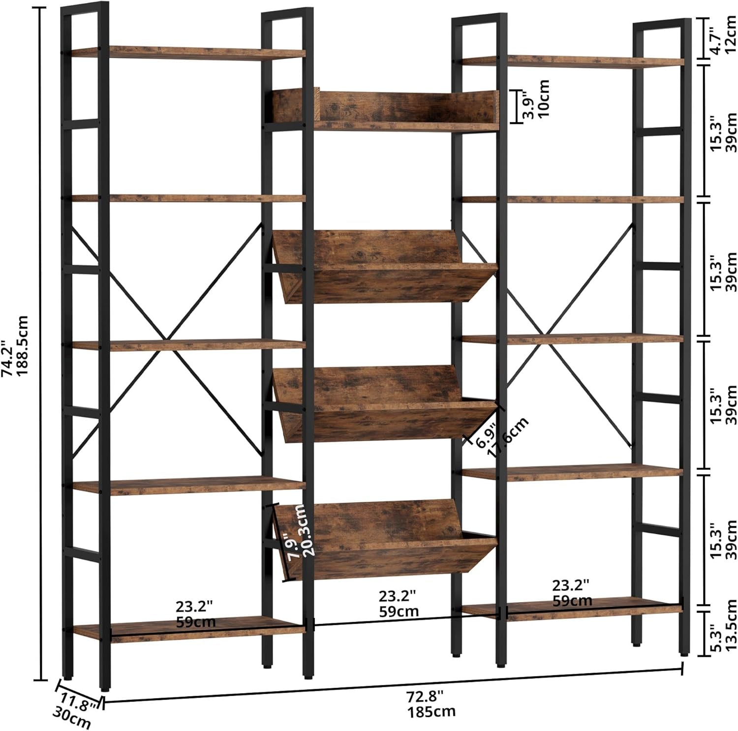 Bookshelf, Bookshelves and Bookcases, Triple Wide 5 Tiers Book Shelf with Baffles, Industrial Bookshelf with Metal Frame for Living Room, Home Office