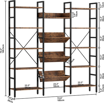 Bookshelf, Bookshelves and Bookcases, Triple Wide 5 Tiers Book Shelf with Baffles, Industrial Bookshelf with Metal Frame for Living Room, Home Office