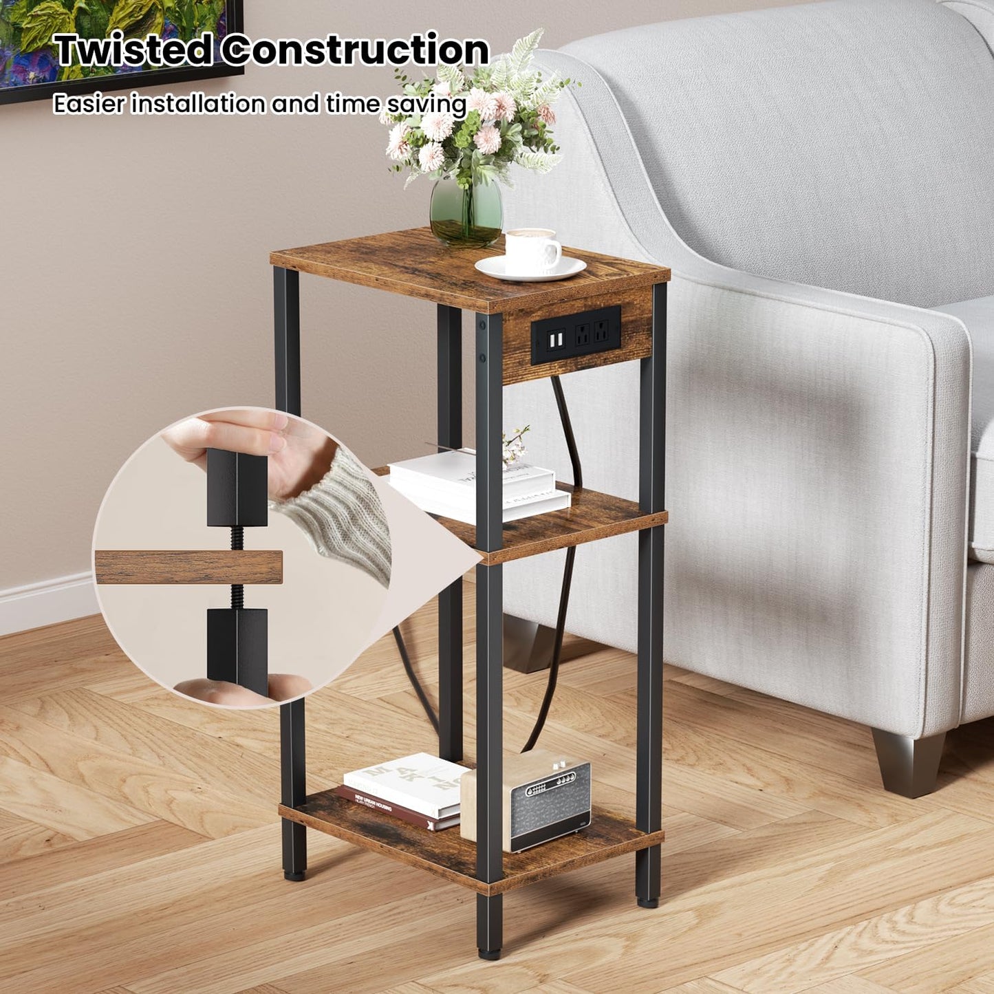 Side Table with Charging Station, Tall End Tables Living Room, 30 Inch Skinny Night Stand with Storage, Small Bedside Tables for Bedroom, Office, Dorm, Hallway, Rustic Brown
