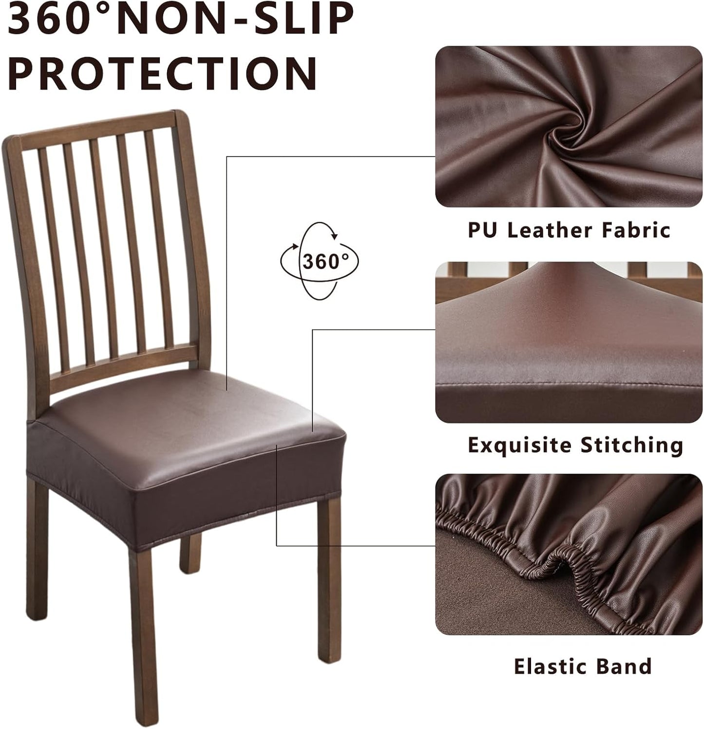 Waterproof Seat Covers for Dining Room Chairs Set of 4, Pu Leather Chair Seat Slipcovers Dining Chair Cover Removable Washable Chair Protctor Cover, Rear Covers (Pu-Coffee)