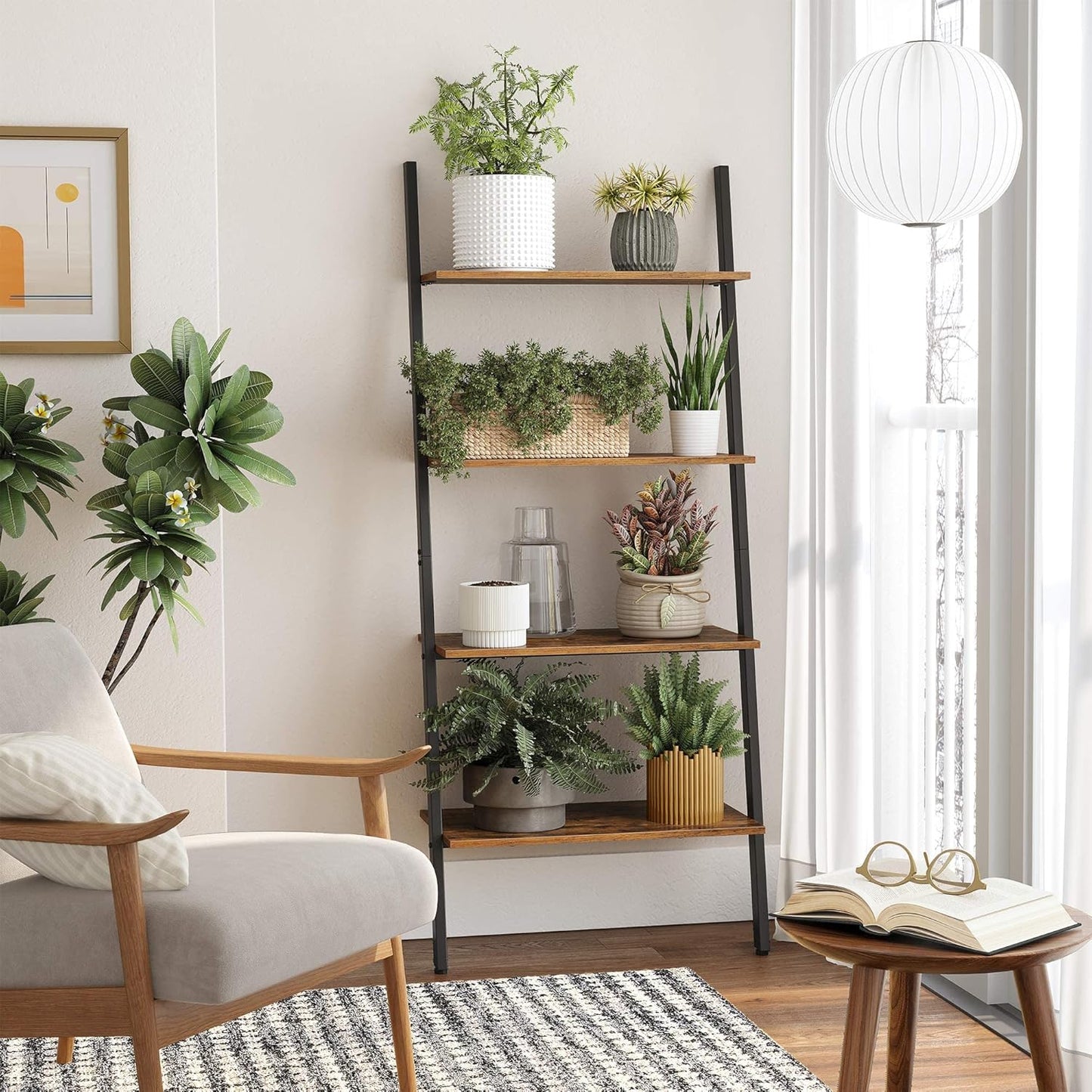 Ladder Shelf, 4-Tier Bookshelf, Storage Rack Shelves, for Living Room, Kitchen, Office, Steel, Stable, Sloping, Leaning against the Wall, Industrial, Rustic Brown and Black