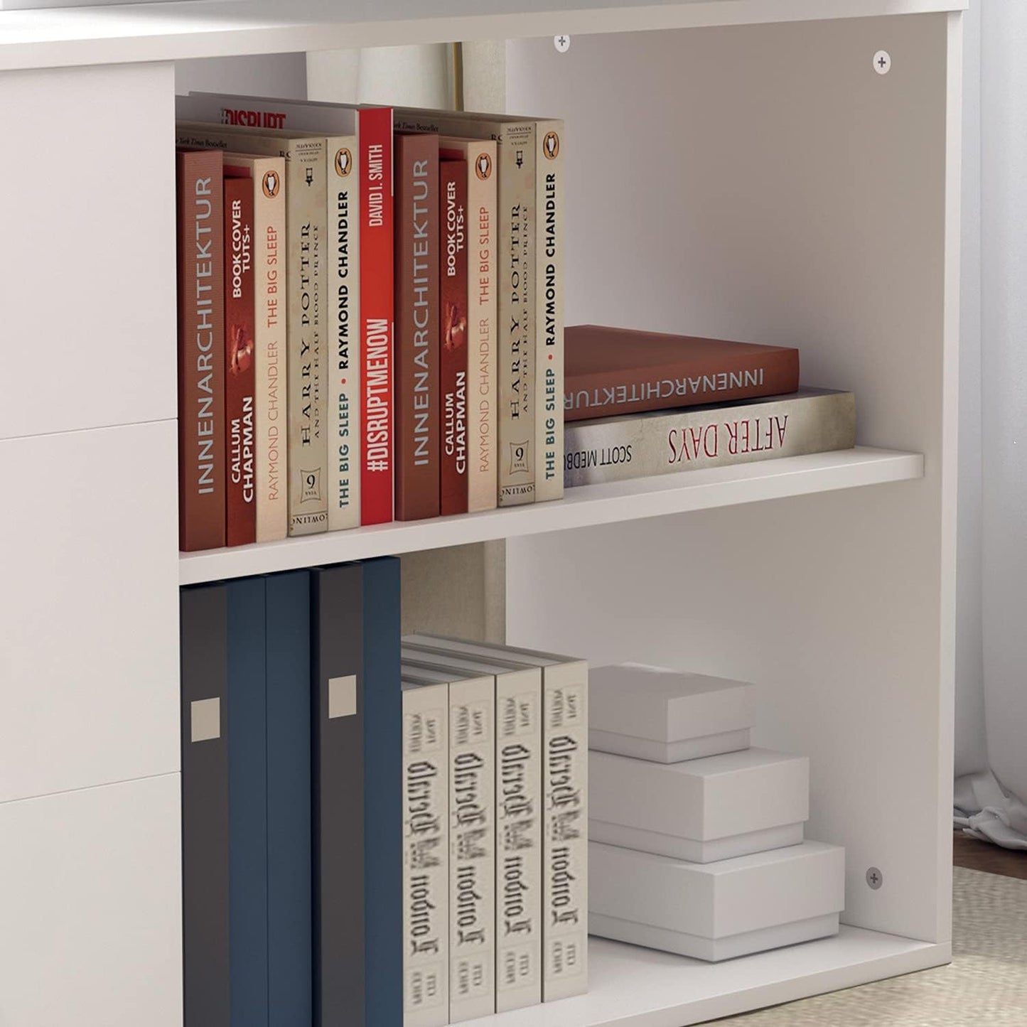 Home Office Computer Desk Corner Desk with 3 Drawers and 2 Shelves, 55 Inch Large L-Shaped Study Writing Table with Storage Cabinet - White