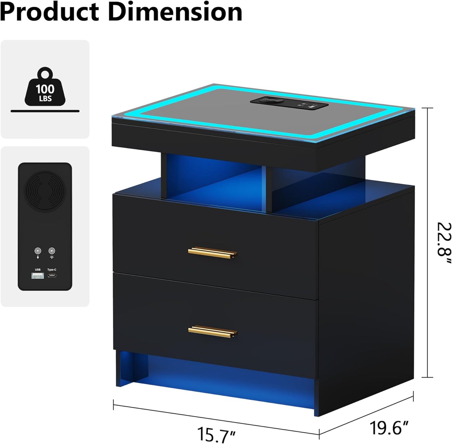 LED Nightstand with Wireless Charging Station - Modern Night Stand with Lights, Glass Top Bedside Table with Drawers for Bedroom, Glossy End Table with Human Body Induction (Black)