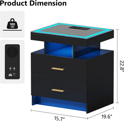 LED Nightstand with Wireless Charging Station - Modern Night Stand with Lights, Glass Top Bedside Table with Drawers for Bedroom, Glossy End Table with Human Body Induction (Black)