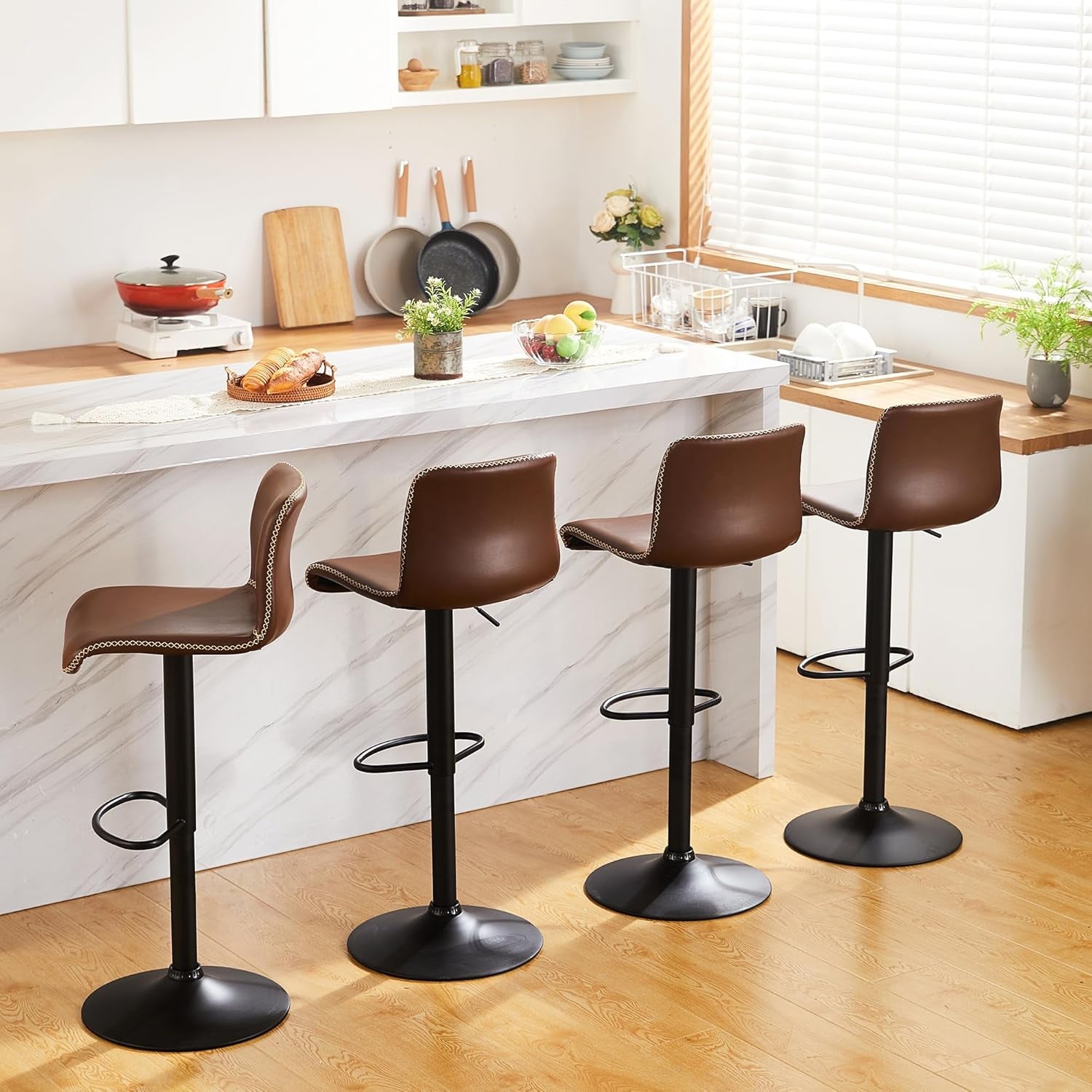 Bar Stools Set of 3, Swivel Counter Height Barstools with Back, Adjustable Height 24" to 32", Brown Faux Leather Bar Chairs for Kitchen Island (Brown, Set of 3 (24'' to 32''))
