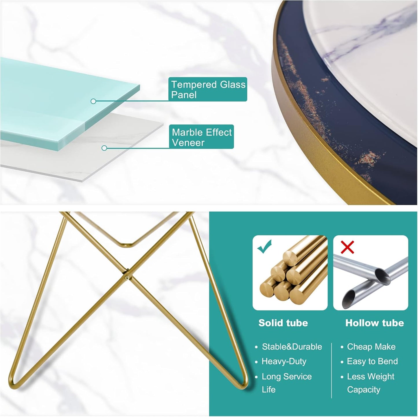 Modern round Side Table, End Table with Marble Effect Top and Gold Metal Frame, Small Side Table for Living Room, Bedroom, Sofa and Couch, Gold Legs, Green Marble Top