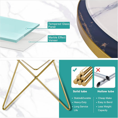 Modern round Side Table, End Table with Marble Effect Top and Gold Metal Frame, Small Side Table for Living Room, Bedroom, Sofa and Couch, Gold Legs, Green Marble Top