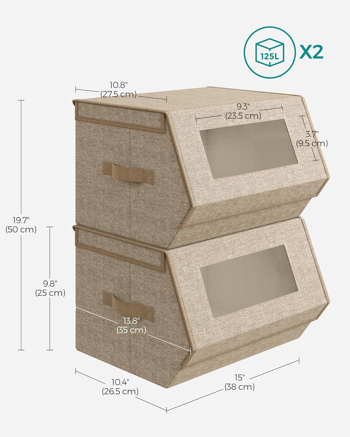 Stackable Storage Bins Set of 2, Storage Boxes with Lids and Front Windows, Non-Woven Fabric Closet Organizers with Magnetic Closures, Side Handles, Sand Beige URLB002Y01