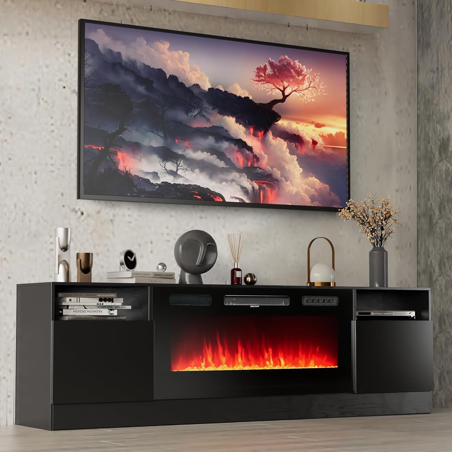 Fireplace TV Stand with 36" Electric Fireplace, LED Light Entertainment Center, Modern Wood Texture Entertainment Stand with Highlight Storage Cabinet for Tvs up to 80", 70 Inches, Black