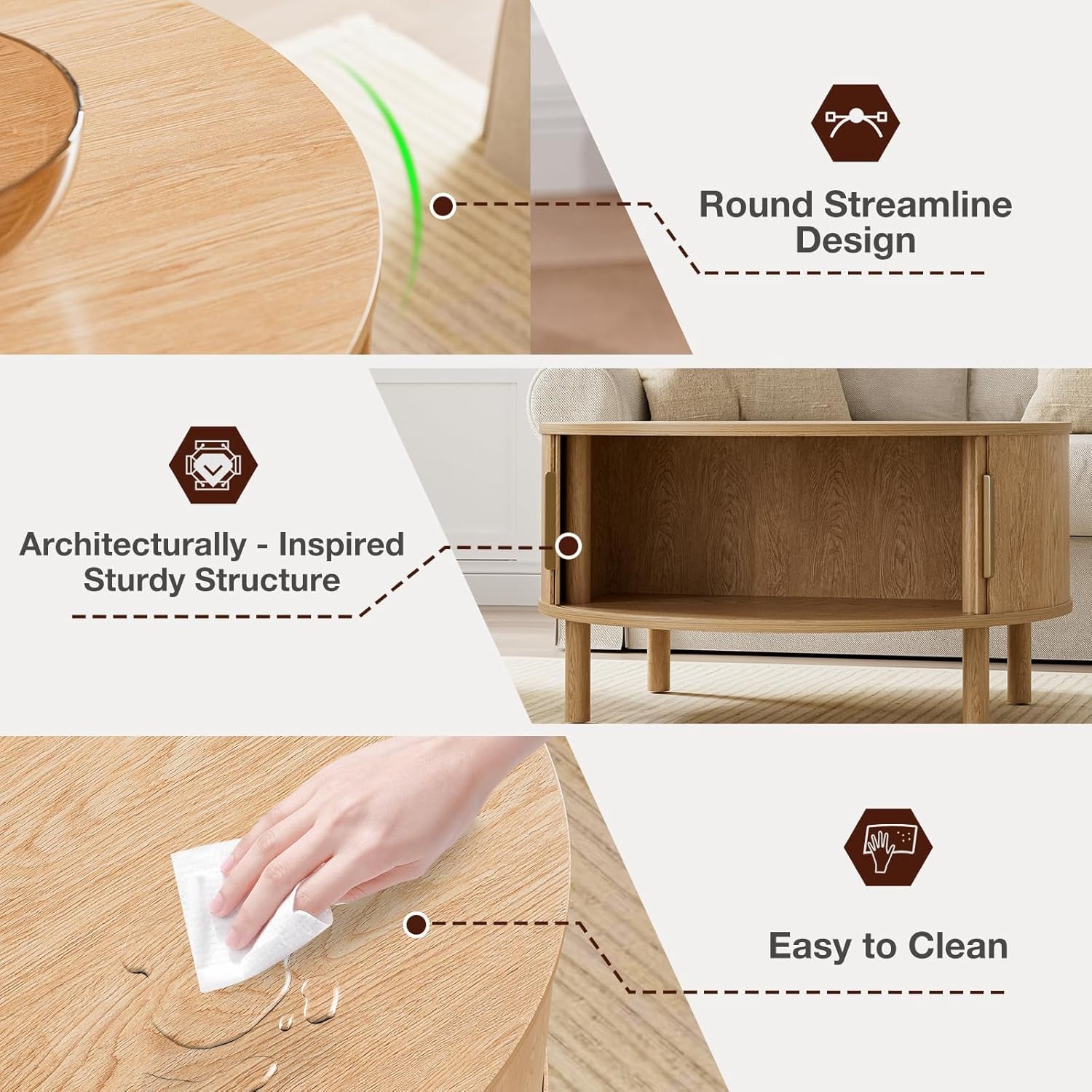 Coffee Table for Living Room, Modern round Coffee Table with Cabinets & Sliding Doors, Home Small Space, 29.9" Fluted Center Table, Natual