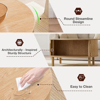 Coffee Table for Living Room, Modern round Coffee Table with Cabinets & Sliding Doors, Home Small Space, 29.9" Fluted Center Table, Natual