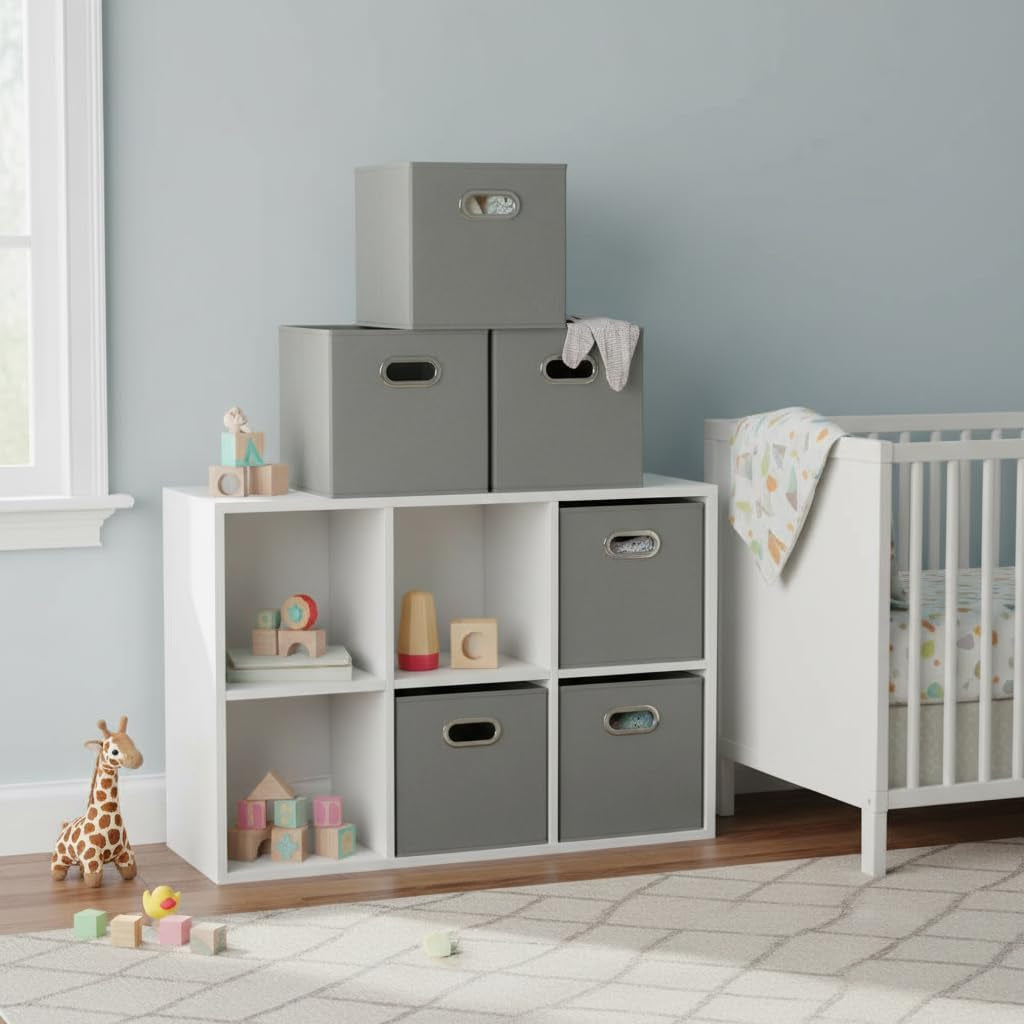 Fabric Storage Bins 6 Piece Set, Strong Poly-Woven Fabric, Sturdy Chipboard Sides, Grommet Front Handle, Stackable and Foldable, Classic Design, Dove Gray