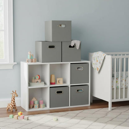 Fabric Storage Bins 6 Piece Set, Strong Poly-Woven Fabric, Sturdy Chipboard Sides, Grommet Front Handle, Stackable and Foldable, Classic Design, Dove Gray