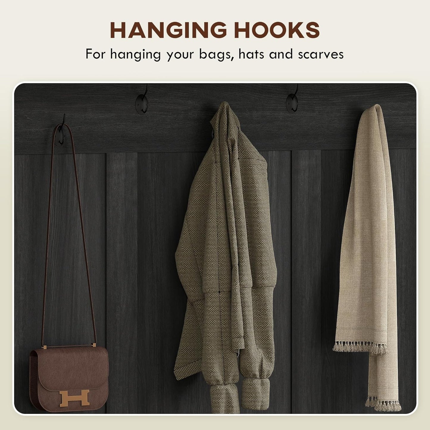 3-In-1 Hall Tree with Storage, Farmhouse Coat Rack with Bench, Standing Shoe Rack with Seven Hooks for Entryway, Black Wood Grain