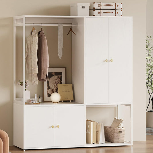 Wardrobe Closet, White Cabinet with Shelves, Large Armoire Clothing Storage with Hanging Rod for Bedroom, Living/Laundry Room