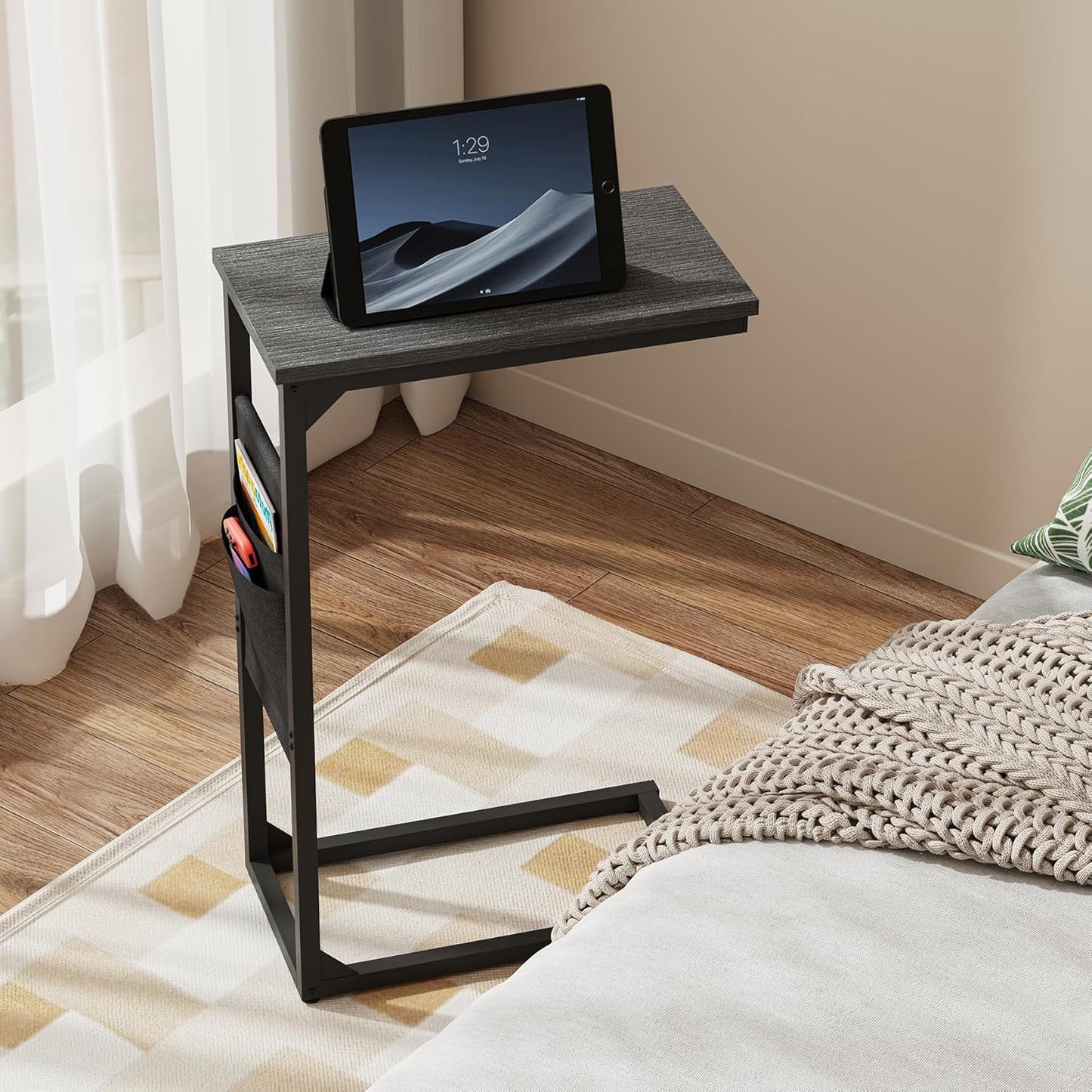 C Shaped End Table, Side Table for Couch, Sofa Table with Storage Bag, TV Tray for Living Room, Bedroom, Black TB01BK082