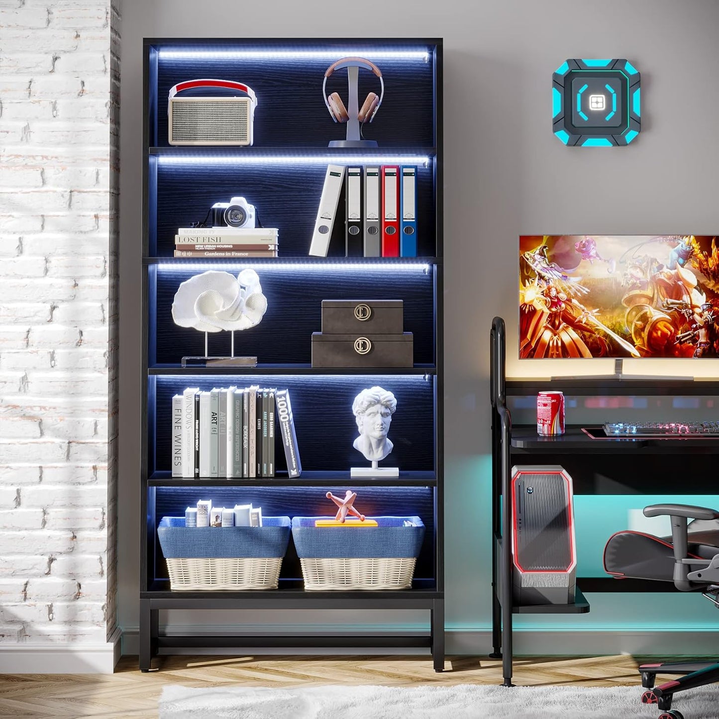 Tall Bookcase Black Bookshelf, 70.8” Large Bookcases Organizer with LED Lights, Heavy Duty Free-Standing Library Bookshelf with 5-Tier Storage Shelves for Living Room, Bedroom (Black)
